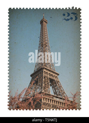 Vintage stilizzata timbro postale con la torre Eiffel di Parigi Francia isolati su sfondo bianco Foto Stock