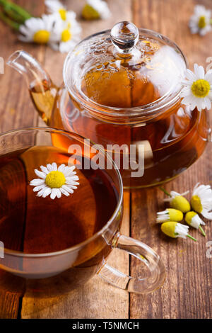 A base di erbe tè camomilla nella tazza e teiera in vetro con fresche erbe camomilla su vintage in legno sfondo tabella Foto Stock