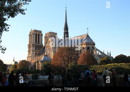 Notre Dame de Paris, prima dell'incendio vista autunnale con bellissimi colori arancione e alberi Foto Stock