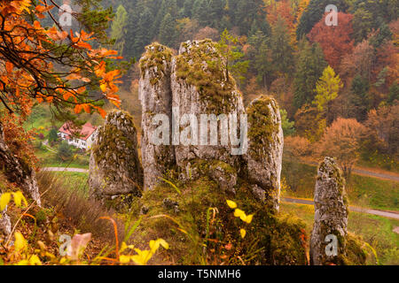 Rock weathered come palm dita, chiamato la mano bianca roccia, a nathional Ojcow parco vicino a Cracovia in Polonia Foto Stock