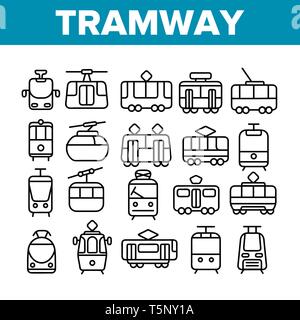 Tram, il trasporto urbano Linea sottile set di icone Illustrazione Vettoriale