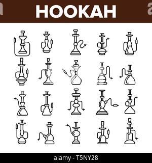 Hookah, fumatori vettore dispositivo lineare set di icone Illustrazione Vettoriale