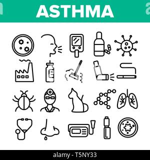 Asma malattia vettore di linea sottile set di icone Illustrazione Vettoriale