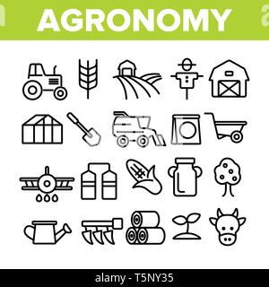 Industria di agronomia vettore di linea sottile set di icone Illustrazione Vettoriale