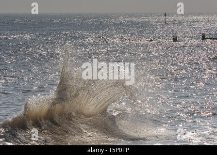 Onde che si infrangono retro-illuminato dalla mattina presto sunshine Foto Stock