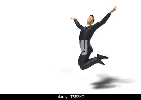 Giocattolo imprenditore in miniatura con cravatta blu figurine è saltare di gioia e di felicità, concetto isolato con ombra su sfondo bianco Foto Stock