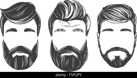 Uomo Barbuto in profilo, barbiere, Hairstyle, haircut, set disegnati a mano illustrazione vettoriale disegno realistico Illustrazione Vettoriale