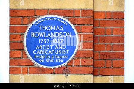 Londra, Inghilterra, Regno Unito. Blu Commemorative Plaque: Thomas Rowlandson 1757-1827 artista caricaturista e visse in una casa su questo sito. 16 John Adam Street Foto Stock