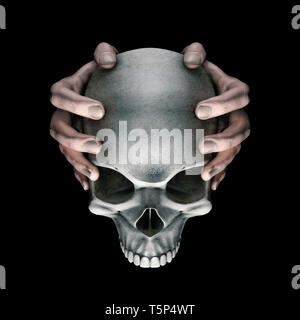 Dark pensieri orrore cranio / 3D illustrazione di mani scary male dark grungy teschio umano su sfondo nero Foto Stock