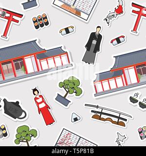 Paese Giappone travel vacation guide delle merci, i luoghi e le funzioni. Set di architettura, la moda, le persone, gli elementi della natura il concetto di sfondo. Modello di perfetta progettazione del modello sulla vignetta stile piatto Illustrazione Vettoriale