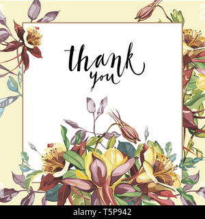 Cornice floreale con fiori di colore rosso su sfondo chiaro. Biglietto di auguri design. Lettering - Grazie. Foto Stock