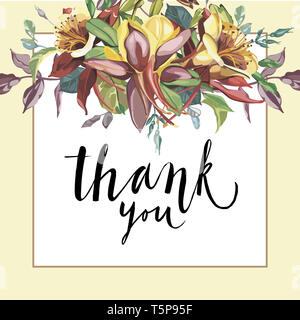 Cornice floreale con fiori di colore rosso su sfondo chiaro. Biglietto di auguri design. Lettering - Grazie. Foto Stock