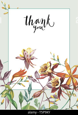 Cornice floreale con fiori di colore rosso su sfondo chiaro. Biglietto di auguri design. Lettering - Grazie. Foto Stock