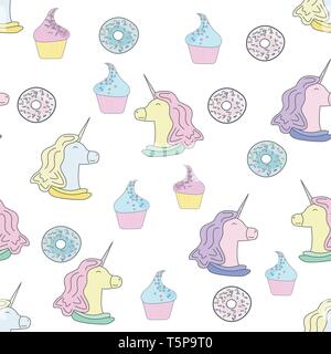 Illustrazione con unicorn, ciambelle e torte. Il gelato. Seamless pattern in stile piatto su sfondo bianco Illustrazione Vettoriale