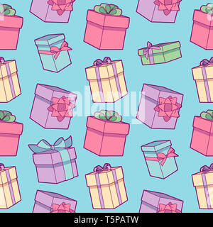 Seamless cartoon coloratissima festa di compleanno pattern con avvolto confezioni regalo con nastri su fondo azzurro Foto Stock