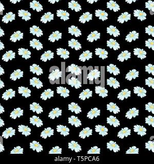 Daisy o tè camomilla Fiori di erbe Seamless Pattern. La terapia a base di erbe di carta da parati. Impianto di botanica, Matricaria allentato le erbe. Blossom floreali su sfondo nero Illustrazione Vettoriale