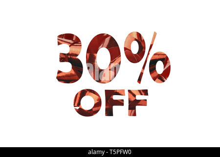 30 percento di sconto tagliati fuori da una foto del red ribbon regalo Foto Stock