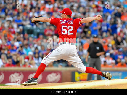 Apr 20, 2019: Texas Rangers brocca di partenza Adrian Sampson #52 durante una partita MLB tra Houston Astros e Texas Rangers a Globe Life Park in Arlington, TX Texas Houston sconfitto 9-4 Albert Pena/CSM. Foto Stock