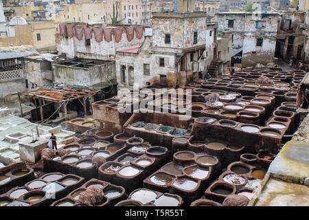 FEZ, in Marocco - 1 Novembre 2012: pelle morire in una conceria tradizionale nella città di Fez, Marocco Foto Stock