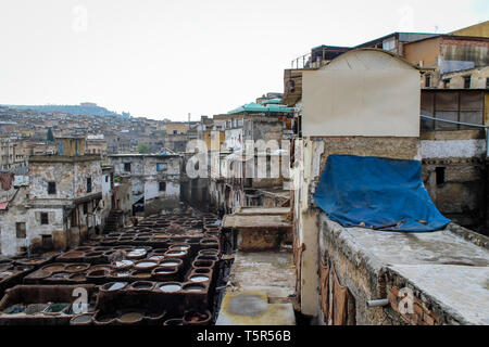 FEZ, in Marocco - 1 Novembre 2012: pelle morire in una conceria tradizionale nella città di Fez, Marocco Foto Stock