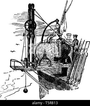 Suonare la macchina è uno strumento per la misura della profondità di acqua costituito essenzialmente da una bobina di filo, vintage disegno della linea o incisione illustr Illustrazione Vettoriale