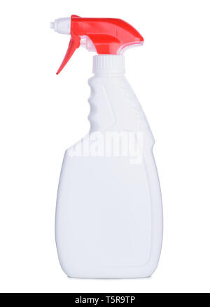 Bianco di plastica vuota detergente di pulizia con il liquido spray Flacone in alto isolato su sfondo bianco Foto Stock