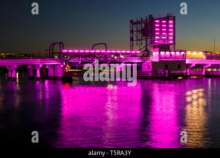 Tampa's Fortune ponte di Taylor è illuminato come uno dei pubblici della città di opere d'arte sui ponti che attraversano il fiume Hillsborough lungo Tampa's Riverw Foto Stock