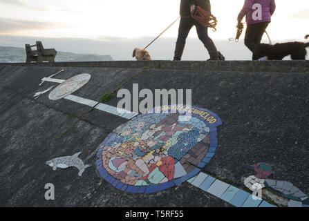 La gente camminare il loro cane dalla spiaggia presso la località balneare di Borth su Cardigan Bay vicino a Aberystwyth,Ceredigion,Galles Foto Stock