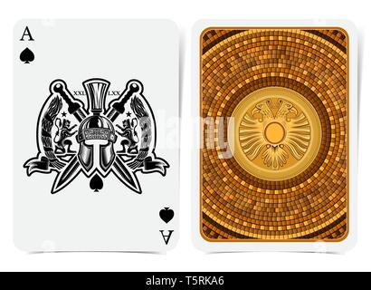 Asso di picche faccia con warrior casco tra Lions, corona e spade incrociate e indietro con golden tile rotondi con due di testa eagle tuta. Vect Illustrazione Vettoriale