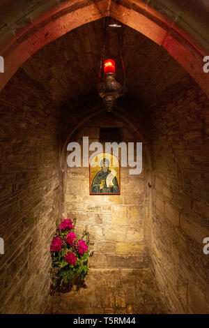 Icona di San Benedetto nell'Abbazia di Tewkesbury, Inghilterra Foto Stock