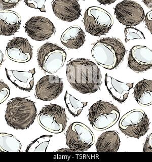 Noce di cocco. Modello senza giunture tutta una noce di cocco, metà, parte. Set di frutti. Illustrazione di vettore isolato su sfondo bianco Illustrazione Vettoriale