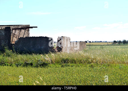 In rovina e abbandonata una casa di campagna costruita in pietra situato in un campo Foto Stock