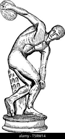 Il Discus Thrower è una statua di bronzo, vintage disegno della linea di incisione o illustrazione. Illustrazione Vettoriale