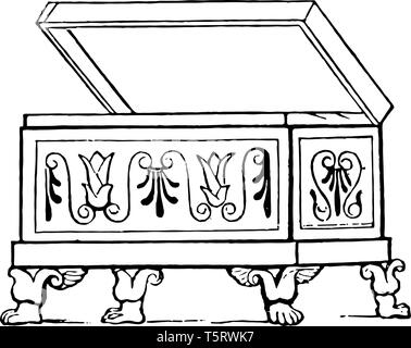 Un design in legno scatola utilizzata per memorizzare le cose, Vintage disegno della linea di incisione o illustrazione. Illustrazione Vettoriale