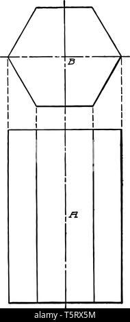 Un'immagine che mostra il diagramma in proiezione di una barra esagonale, vintage disegno della linea di incisione o illustrazione. Illustrazione Vettoriale