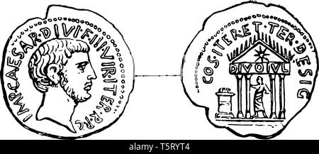 Un'immagine che mostra entrambi i lati della moneta romana. La parte anteriore è la progettazione di un imperatore e il retro è una vista in cui una donna è in piedi sotto un capannone Illustrazione Vettoriale