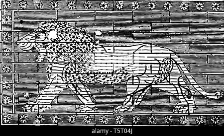 Questo è il quadro delle antiche pitture murali di Niniveh. C'è un leone nella pittura. L'ordine del dipinto è decorato con il design Illustrazione Vettoriale