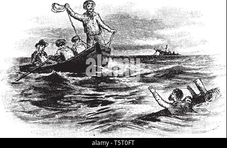 Naufraghi marinaio che è un marinaio essendo lancia una linea di vita dopo la nave naufragata, vintage disegno della linea di incisione o illustrazione. Illustrazione Vettoriale