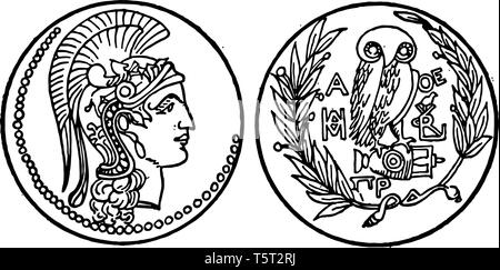 Questa immagine mostra i lati anteriore e posteriore di una vecchia moneta. Un lato mostra il volto di Dio e un altro lato indica l'uccello lungo con i vitigni e Illustrazione Vettoriale