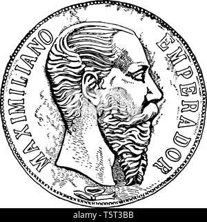 Moneta di impero messicano sono molto attraenti e hanno molte varietà aventi la faccia dell'imperatore su di esso la linea vintage disegno. Illustrazione Vettoriale