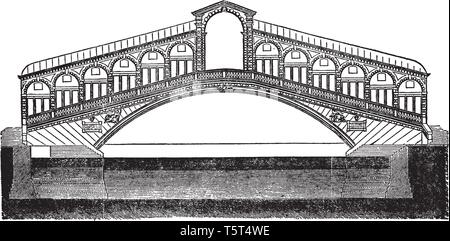 Il Ponte di Rialto è uno dei quattro ponti che attraversano il Canal Grande a Venezia, vintage disegno della linea di incisione o illustrazione. Illustrazione Vettoriale