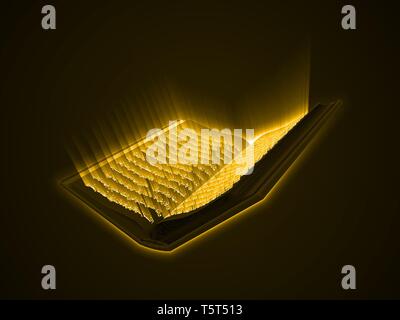 Corano kareem. Il libro sacro dell'islam. incandescente il testo arabo con raggi di luce. 3d stile illustrazione vettoriale. Illustrazione Vettoriale