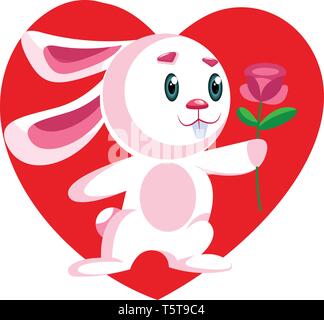 Coniglietto rosa tenendo un buio rosa rosa illustrazione vettoriale nel cuore rosso su sfondo bianco. Illustrazione Vettoriale