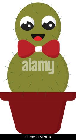 Sorridente cactus verde con un fiocco rosso in una pentola rosso illustrazione vettoriale su sfondo bianco. Illustrazione Vettoriale