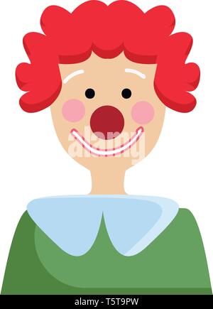 Semplice illustrazione vettoriale di un clown con la maglia verde e rosso curley capelli sfondo bianco. Illustrazione Vettoriale