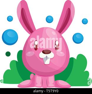 Rosa il Coniglio di Pasqua in seduta verde erba illustrazione vettore web su sfondo bianco Illustrazione Vettoriale