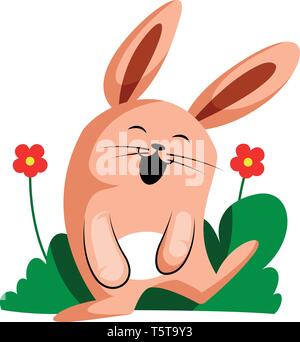Felice Pasqua coniglio a sorridere di fronte a fiori illustrazione vettore web su sfondo bianco Illustrazione Vettoriale