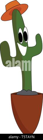 Felice cactus con orange hat in marrone pot illustrazione vettoriale su sfondo bianco Illustrazione Vettoriale