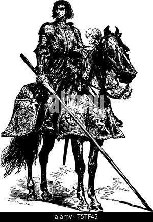 Cavaliere in armatura completa seduto su un cavallo che indossa una tuta piena di armor, vintage disegno della linea di incisione o illustrazione. Illustrazione Vettoriale