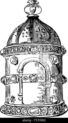 Vi è una lanterna di legno realizzata per candela in tempi antichi. Originariamente fatto da quella anglosassone, vintage disegno della linea di incisione o illustrazione. Illustrazione Vettoriale